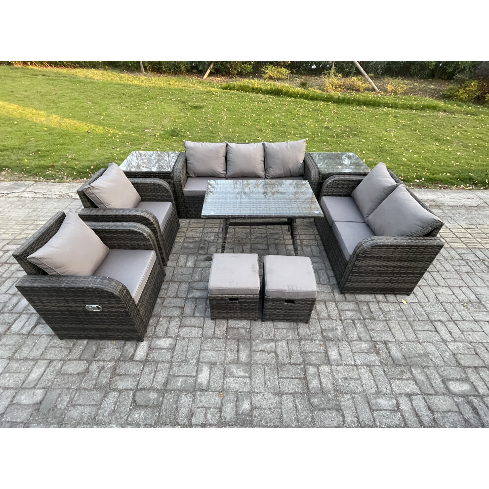 Fimous Outdoor Rattan Garden Furniture Set 9 Seater Patio Lounge Sofa Set with 2 Small Footstools 2 Side Tables Dark Grey Mixed