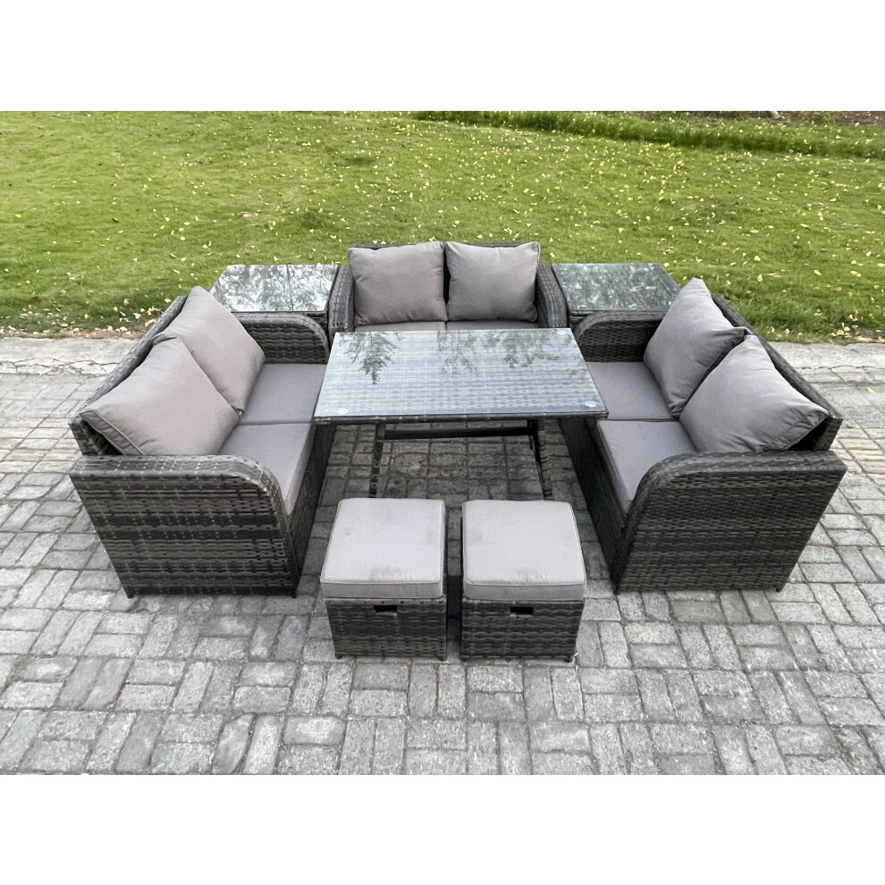 Rackhams Dark/Grey Outdoor Rattan Garden Furniture Set 8 Seater Patio Love Sofa Set With Rectangular Dining Table 2 Small Footstools 2 Side Tables Mixed - Image 3