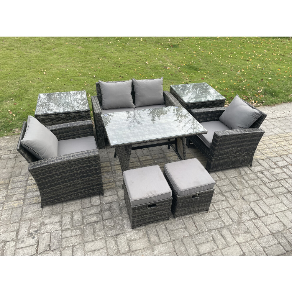 Fimous Rattan Wicker Garden Furniture Patio Conservatory Sofa Set With Rectangular Dining Table Armchair 2 Seater Sofa 2 Small Footstools