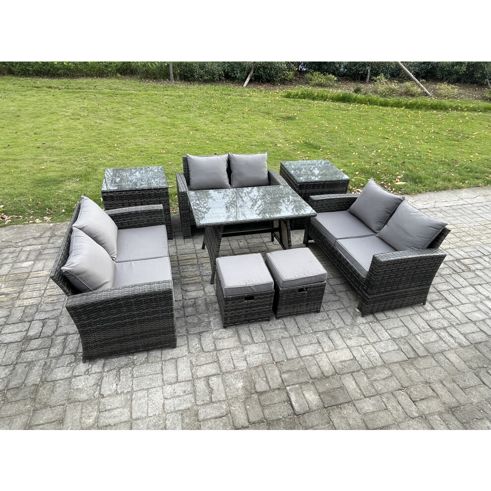 Fimous Dark/Grey Outdoor Lounge Sofa Set - Mixed Wicker Rattan Garden Furniture With Rectangular Dining Table & 2 Footstools - Image 2