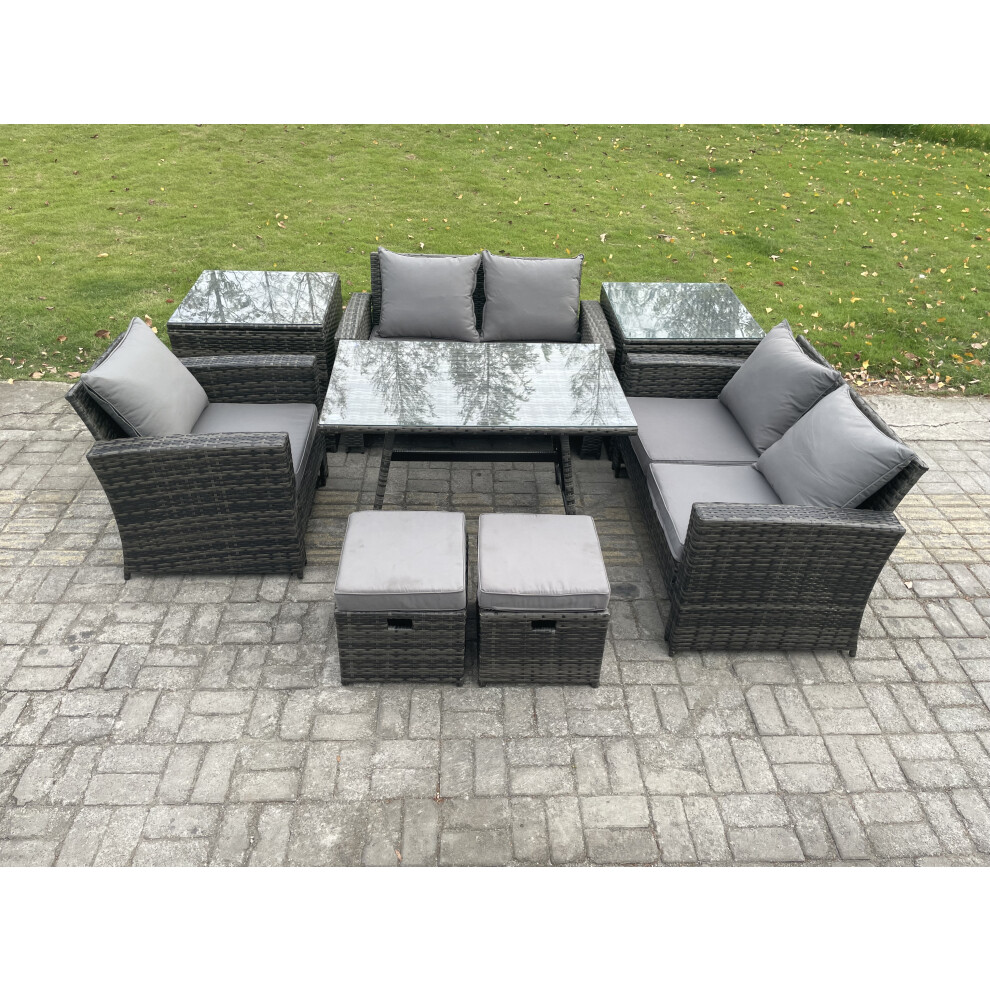Fimous Dark/Grey Outdoor Garden Dining Set - Mixed Pe Wicker Rattan Sofa With Rectangular Dining Table & 2 Small Footstools - Image 2