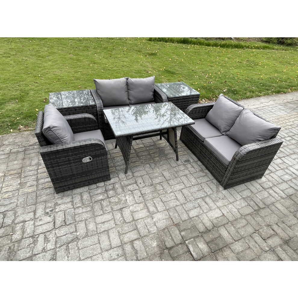 Fimous 6 Pieces Outdoor Garden Dining Sets Rattan Furniture With Love Sofa 2 Side Tables Dark Grey Mixed