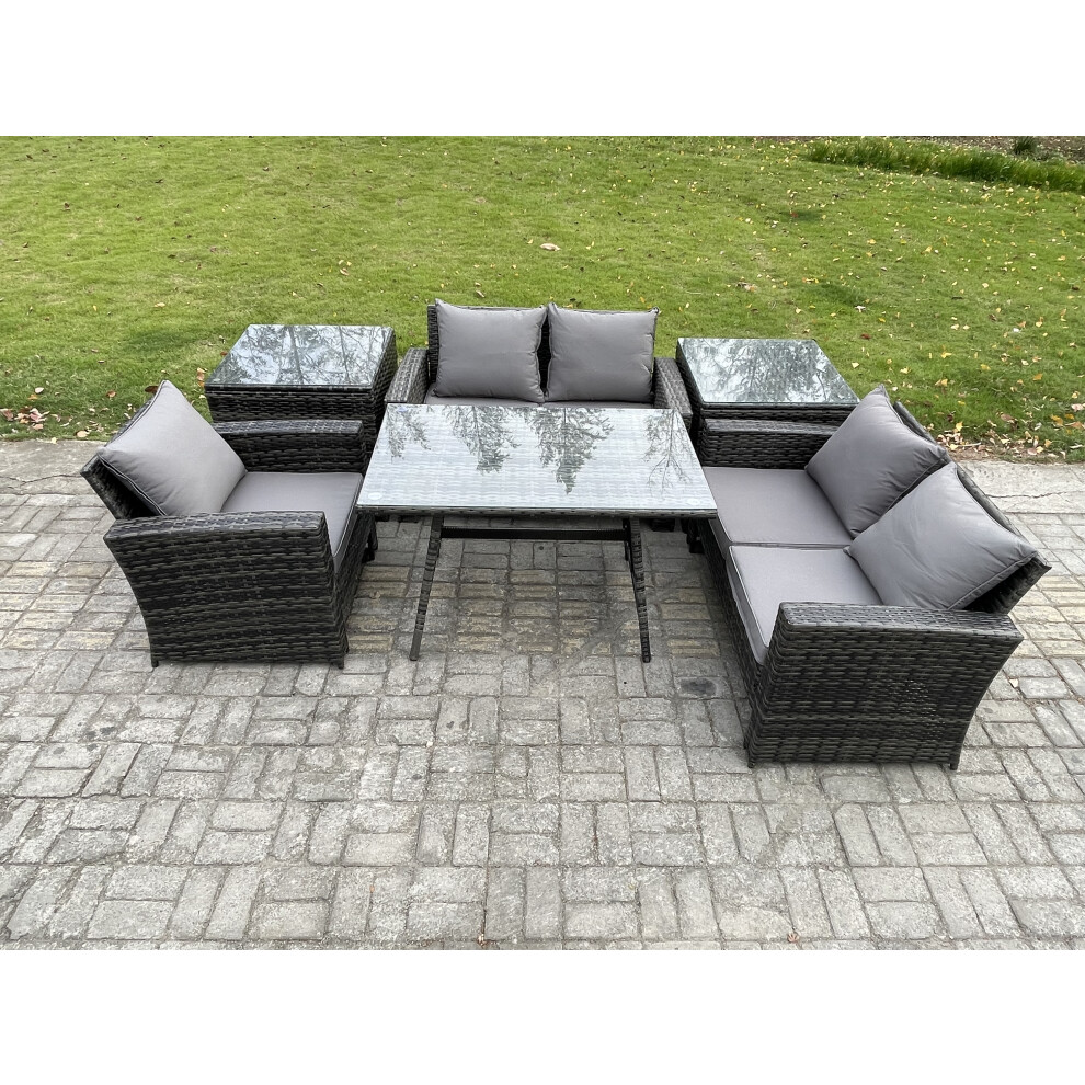 Fimous Unisex Dark Grey Wicker Pe Rattan Garden Dining Set Outdoor Furniture Sofa With Rectangular Dining Table Love Seat Sofa Side Tables In Size 2 - Image 2