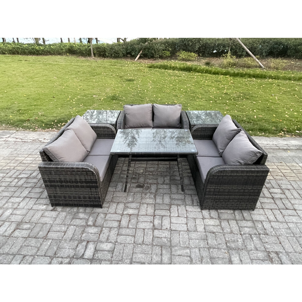 Fimous Dark/Grey Rattan Garden Furniture Set 6 Seater Patio Outdoor Love Sofa Set With Rectangular Dining Table 2 Side Tables Mixed - Image 3