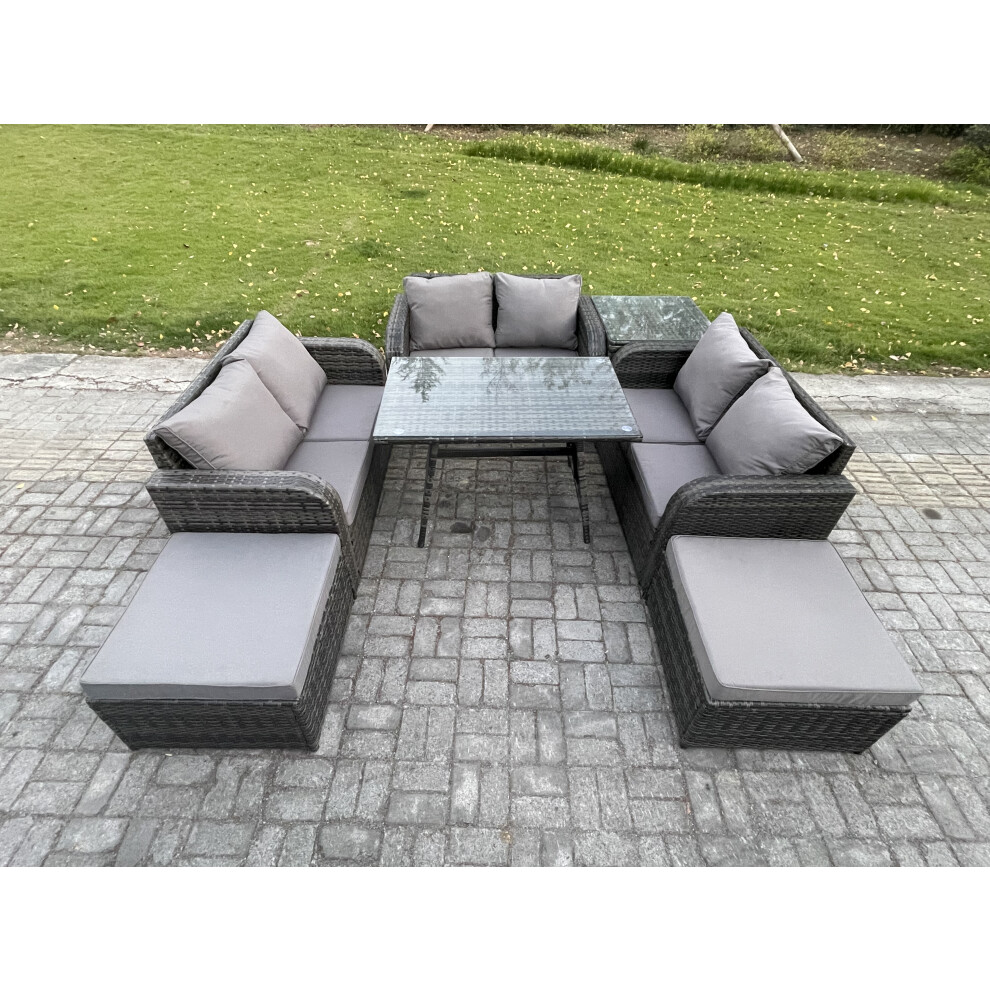 Fimous Outdoor Rattan Garden Furniture Set 8 Seater Patio Love Sofa With Rectangular Tempered Glass Dining Table, 2 Footstools & Side Table Dark Grey - Image 3