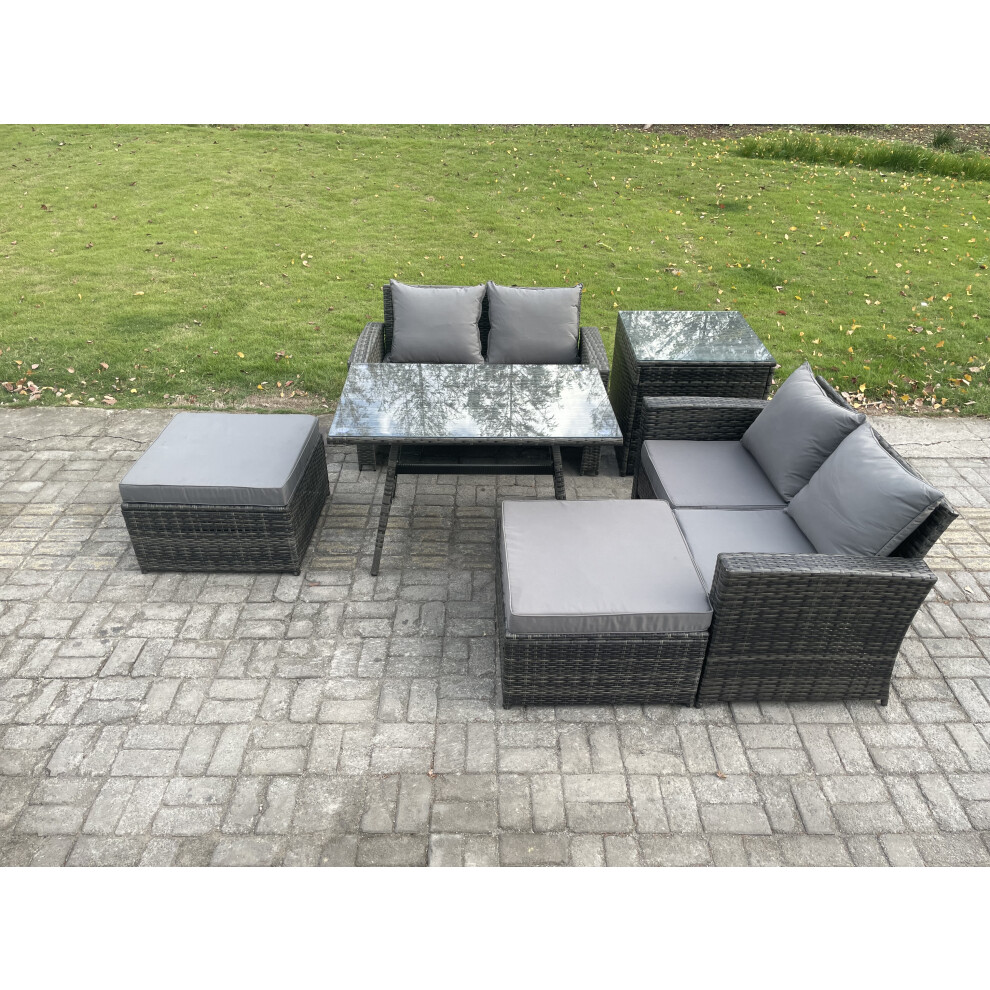 Rackhams Dark/Grey 6 Seater Garden Dining Set, Wicker Pe Rattan, Outdoor Sofa, Dining Table, Double Seat Sofa, 2 Big Footstools And Side Table, Mixed - Image 2