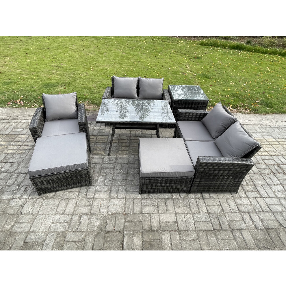 Fimous Dark/Grey Garden Dining Set - Mixed Pe Wicker Rattan Outdoor Sofa With Rectangular Dining Table & 2 Big Footstools - Image 2