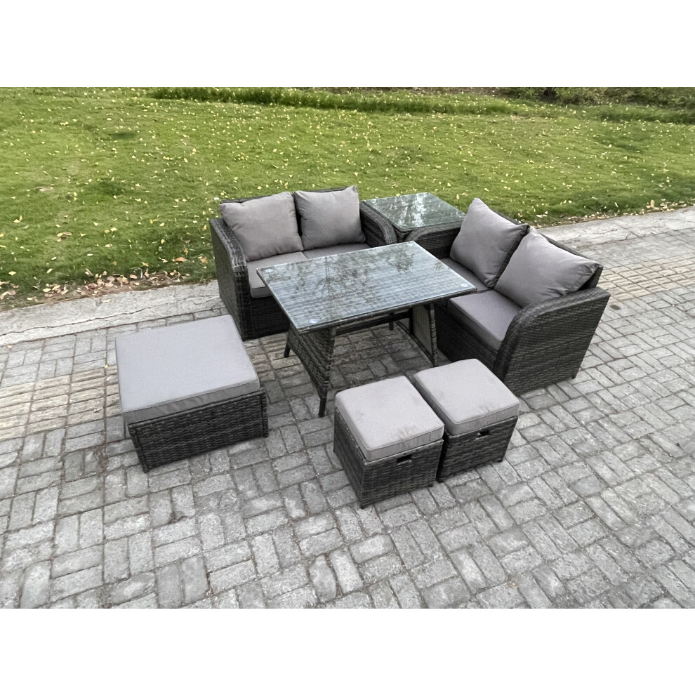Fimous Dark/Grey 7-Piece Rattan Garden Furniture Set - Mixed Wicker Patio Sofa Conversation Set With 3 Footstools & Side Table - Image 3