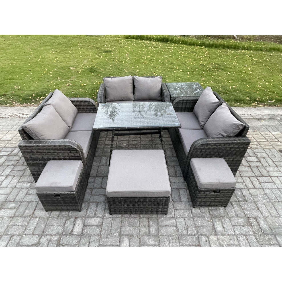 B&Q - Outdoor Rattan Garden Furniture Set 9 Seater Patio Love Sofa Set With Rectangular Dining Table 3 Footstools Side Table - Image 3