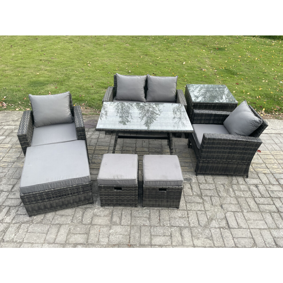 Fimous Rattan Wicker Garden Furniture Patio Conservatory Sofa Set With Rectangular Dining Table Armchair 2 Seater Sofa 3 Footstools Side Table