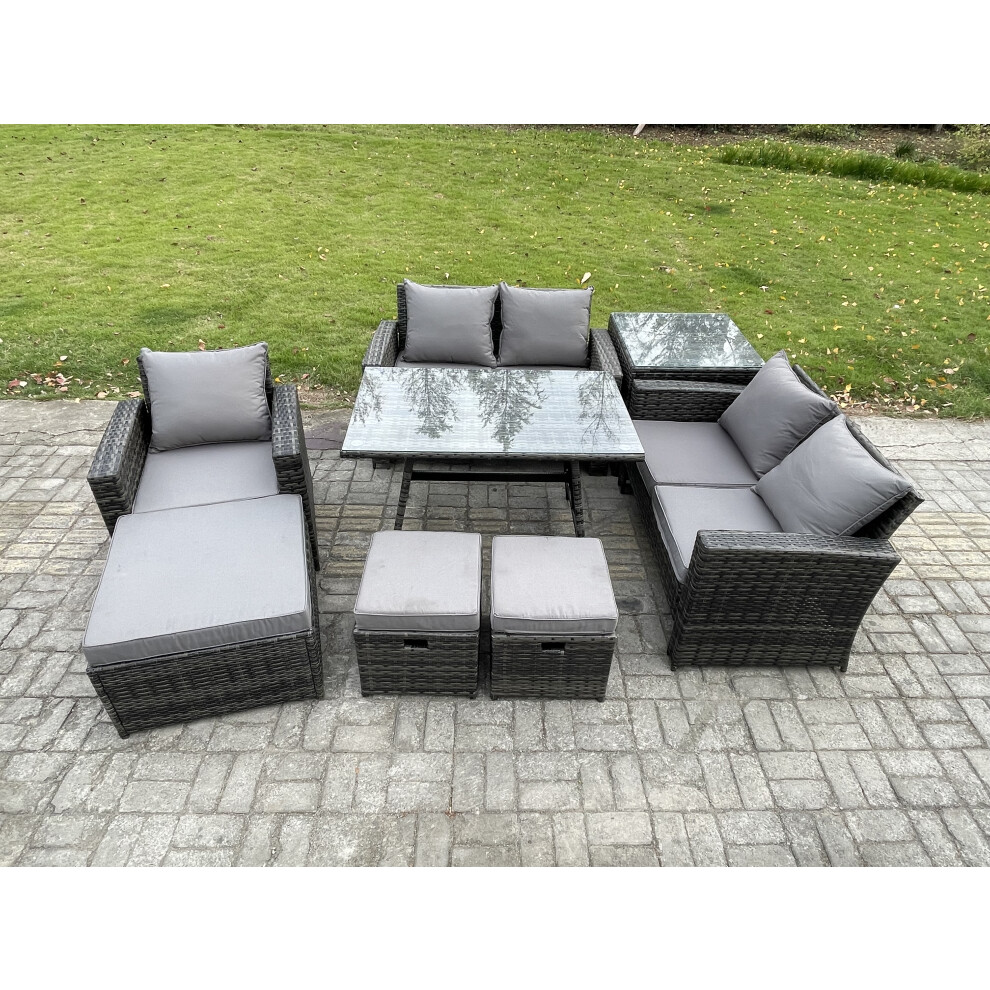 Fimous Unisex Dark Grey Seater Garden Dining Set Wicker Pe Rattan Outdoor Furniture Sofa With Rectangular Dining Table Double Seat Sofa Side Table 3 Footstools Size 8 - Image 2
