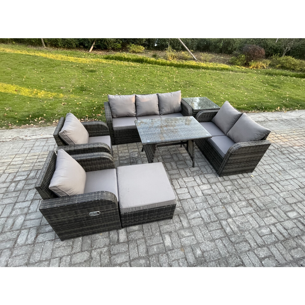 8 Seater High Back PE Rattan Sofa Set Outdoor Garden Furniture Dining Table Set With Reclining Chair 3 Seater Sofa