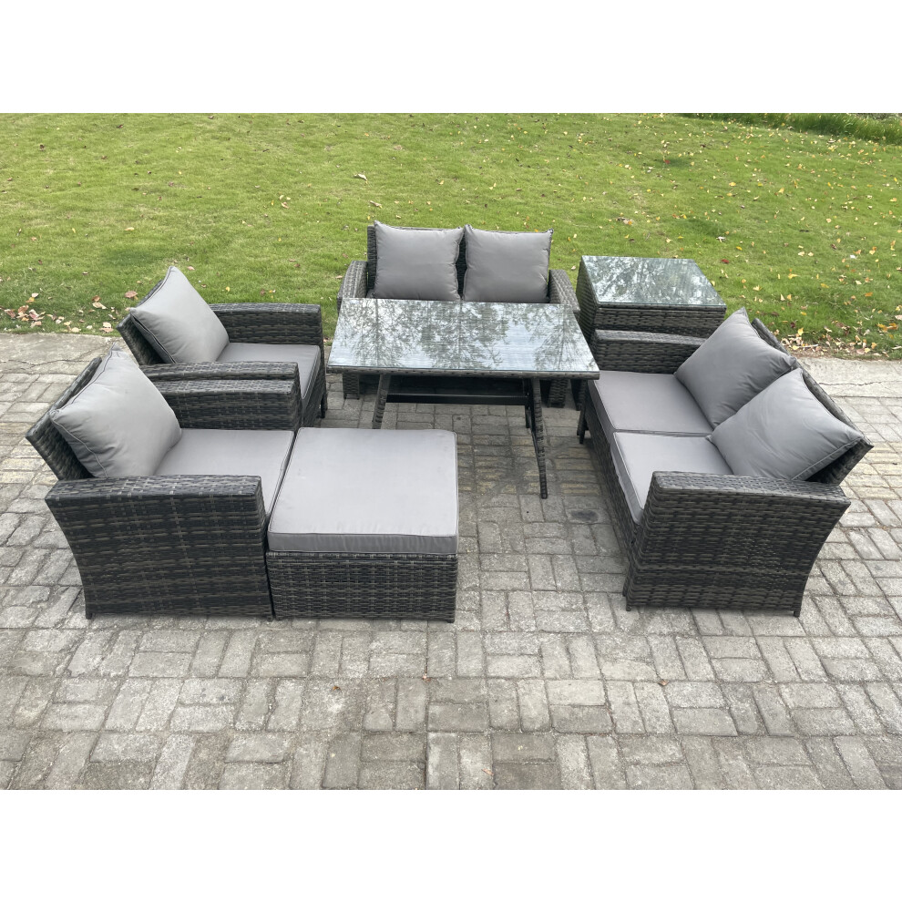 Fimous Dark/Grey 7 Seater Mixed Rattan Outdoor Lounge Set - Rectangular Dining Table, Loveseat, Side Table & Footstool - Image 2