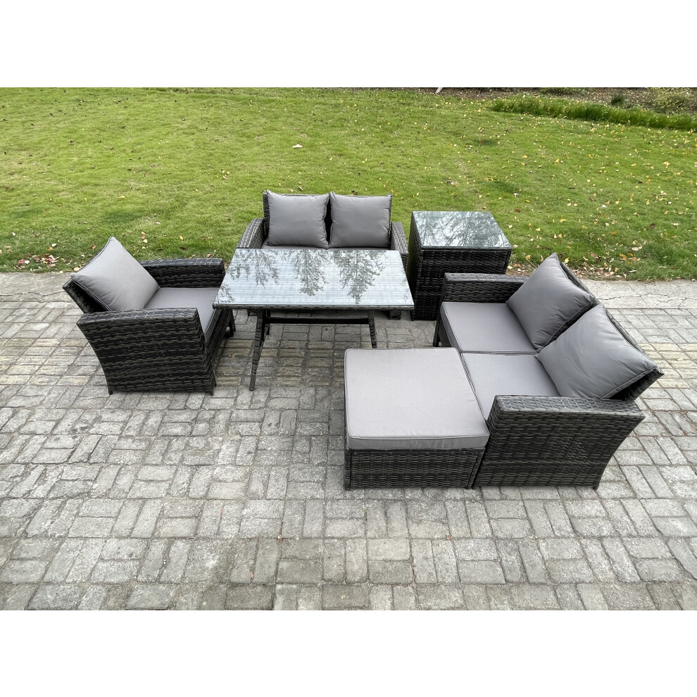 Fimous Unisex Dark Grey Seater Wicker Pe Rattan Garden Dining Set Outdoor Furniture Sofa With Rectangular Dining Table Double Seat Sofa Big Footstool Side Table Size 6 - Image 2