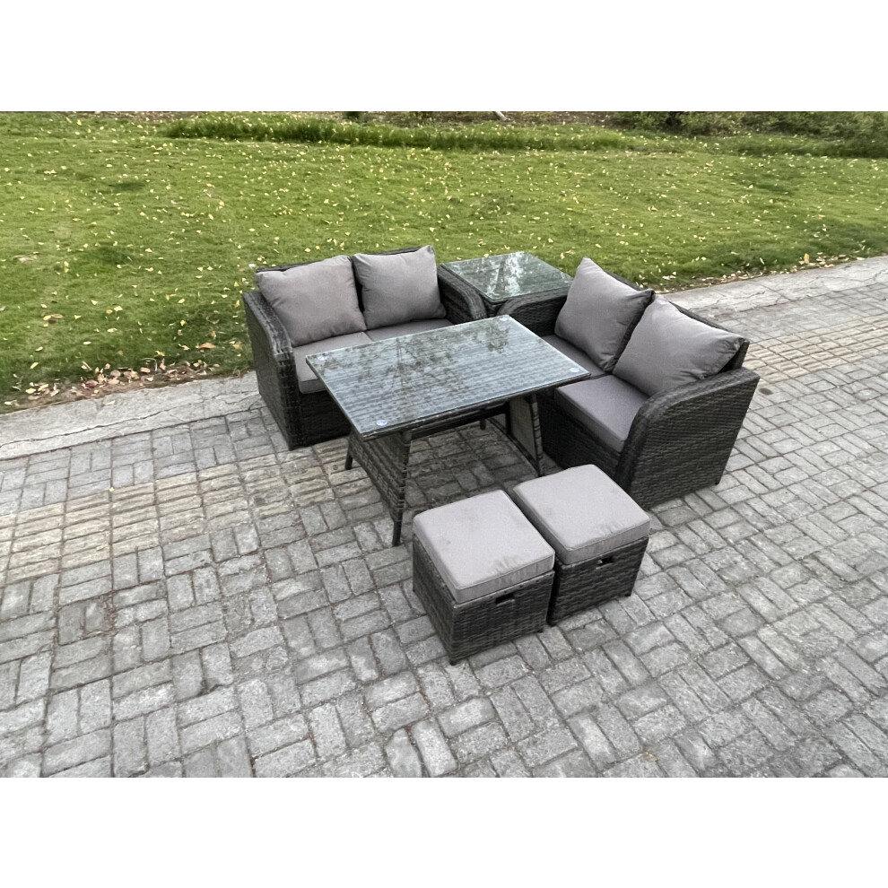 Fimous 6-Piece Outdoor Pe Rattan Garden Furniture Set With Rectangular Tempered Glass Table 2 Love Sofas 2 Footstools Side Table Dark Grey - Image 3