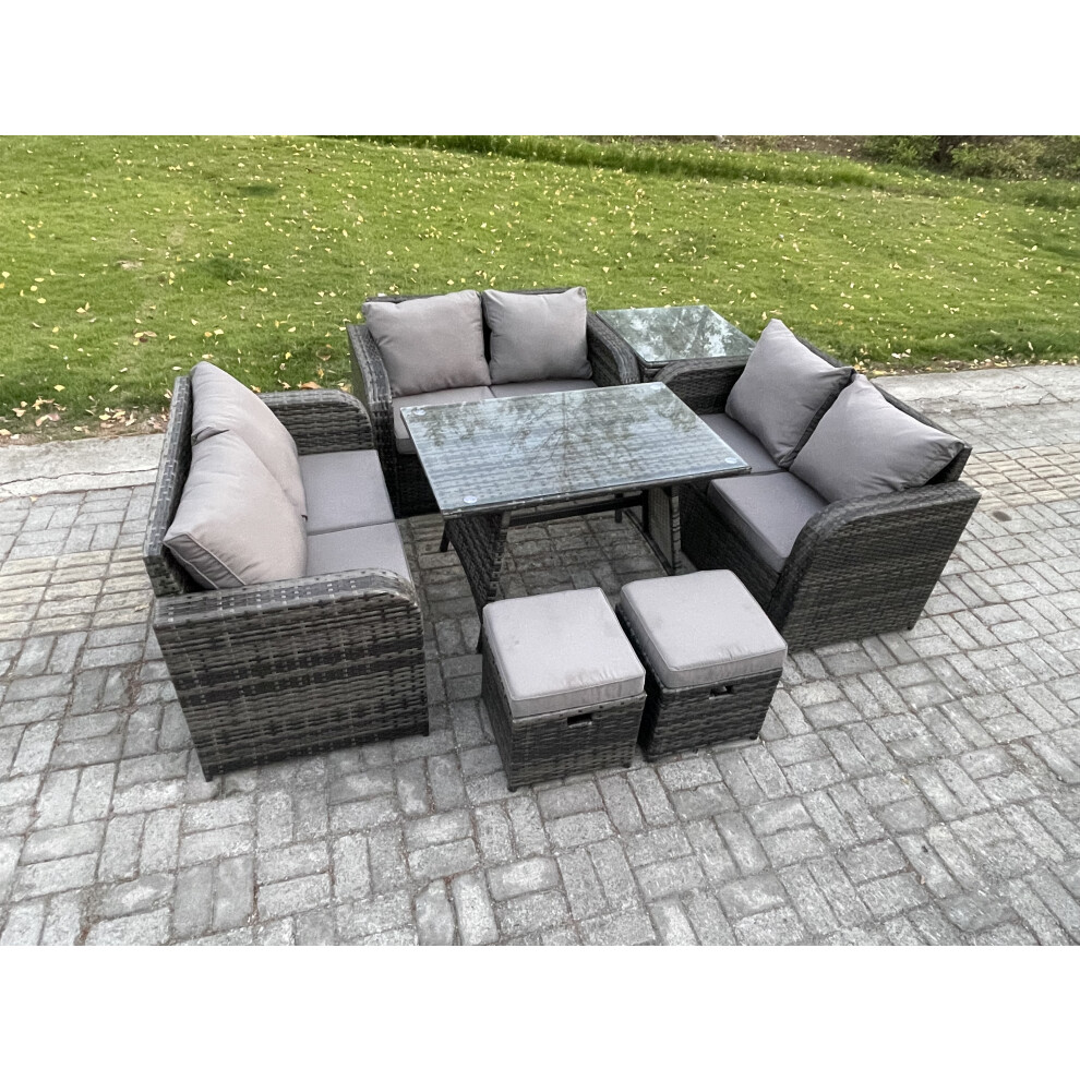 Fimous Rattan Garden Furniture Set 8 Seater Patio Outdoor Love Sofa Set With Rectangular Dining Table Side Table 2 Small Footstools Dark Grey Mixed