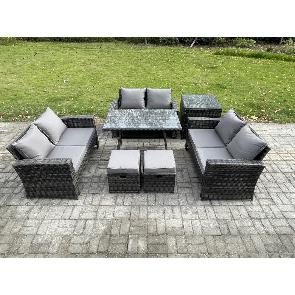Fimous Dark/Grey 7 Pcs Outdoor Lounge Sofa Set, Wicker Pe Rattan, Dining Table, Love Seat Sofa, Side Table And 2 Small Footstools, Mixed - Image 2
