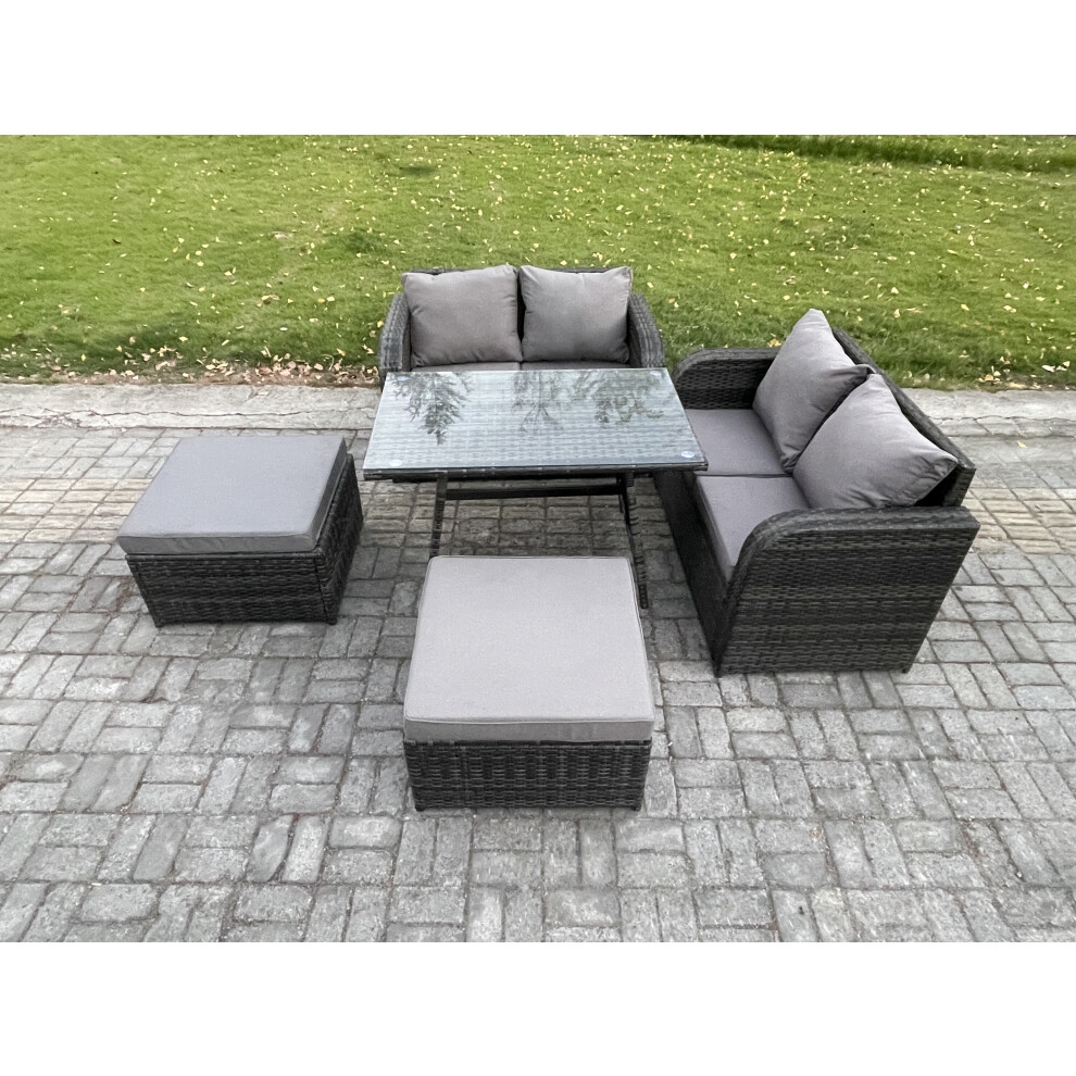 Rackhams Dark/Grey Outdoor Garden Furniture Sets 5 Pieces Wicker Rattan Furniture Sofa Sets With Rectangular Dining Table Love Sofa 2 Big Footstool - Image 3