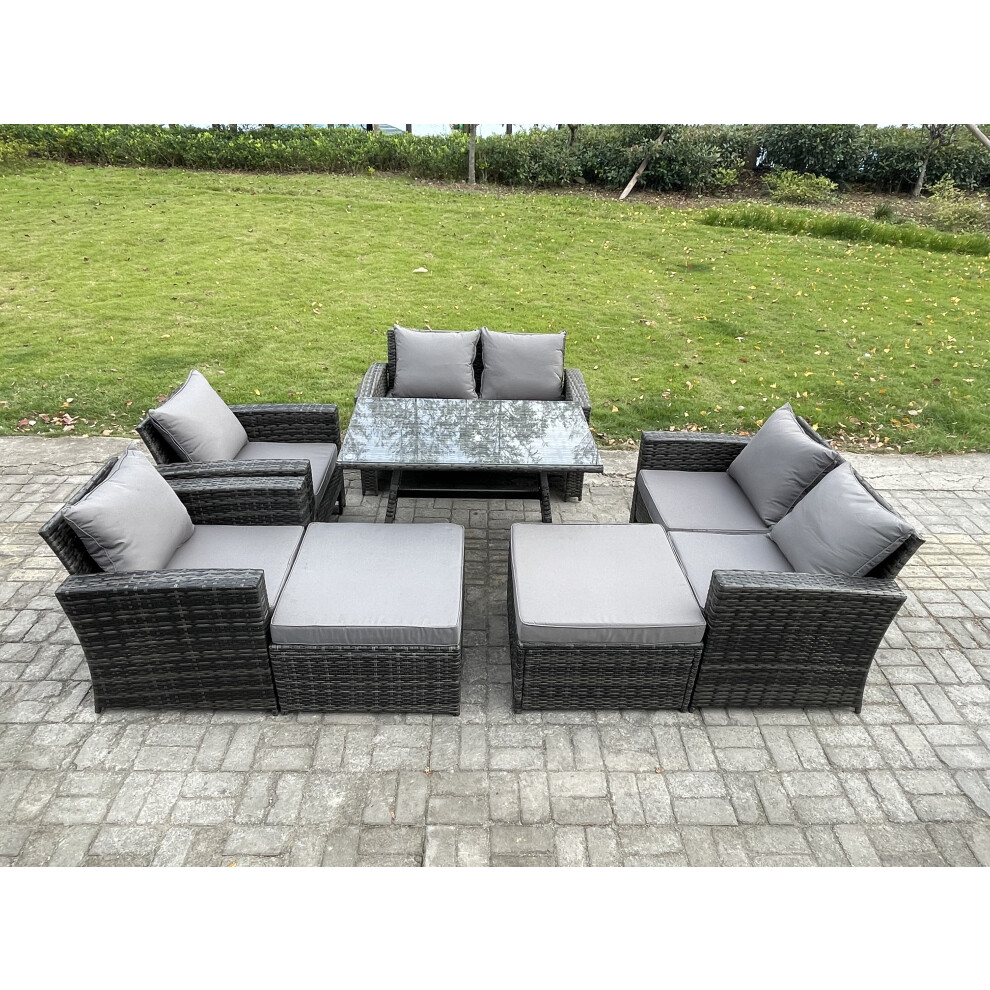 Rackhams Dark/Grey 8 Seater Garden Dining Set, Wicker Pe Rattan, Outdoor Sofa, Dining Table, Double Seat Sofa, 2 Big Footstools And Armchair, Mixed - Image 2
