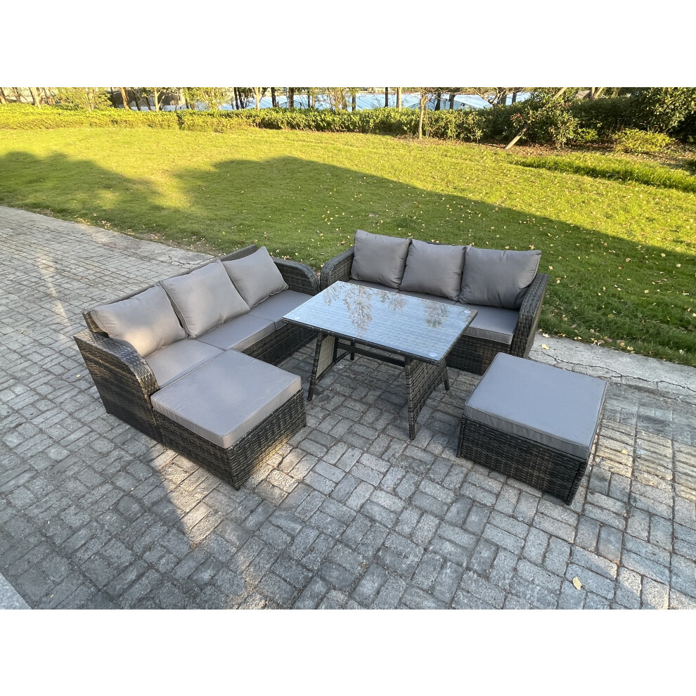 Fimous Garden Furniture Sofa Set Rectangular Dining Table 2 Big Footstool Indoor Outdoor 8 Seater Rattan Set-image-OPC-PDPDY5J-NEW