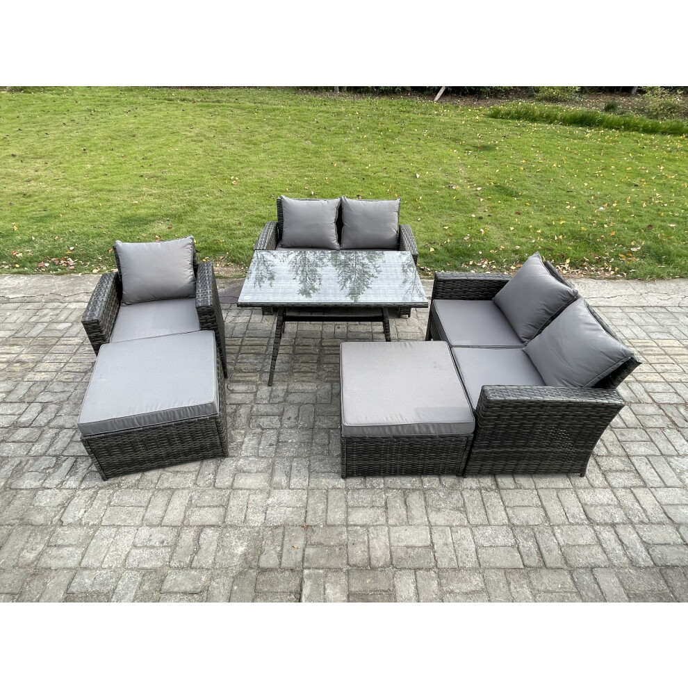 Garden Dining Set Wicker PE Rattan Outdoor Furniture Sofa with Rectangular Dining Table Double Seat Sofa 2 Big Footstool Armchair