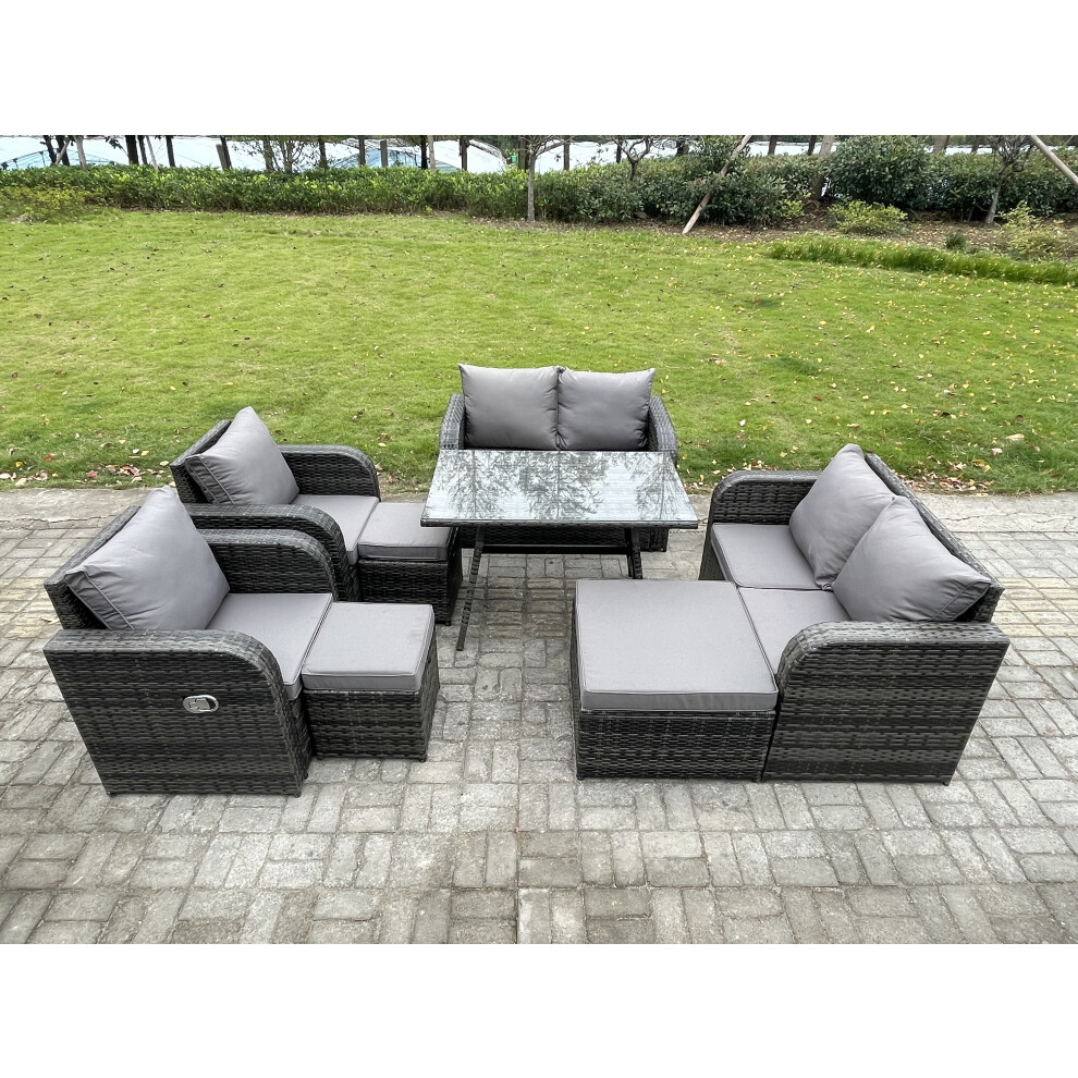 Fimous Wicker Pe Rattan Garden Dining Set Outdoor Furniture Sofa With Rectangular Dining Table 3 Footstools Dark Mixed Grey