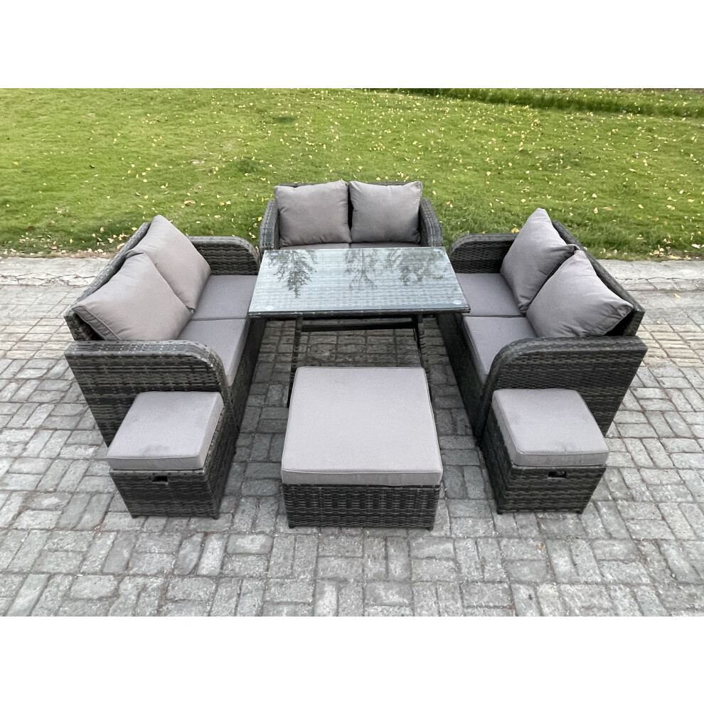 Fimous 9-Seater Outdoor Rattan Garden Furniture Set — 3 Love Sofas, Rectangular Tempered Glass Table & 3 Footstools, Dark Grey Mixed - Image 3