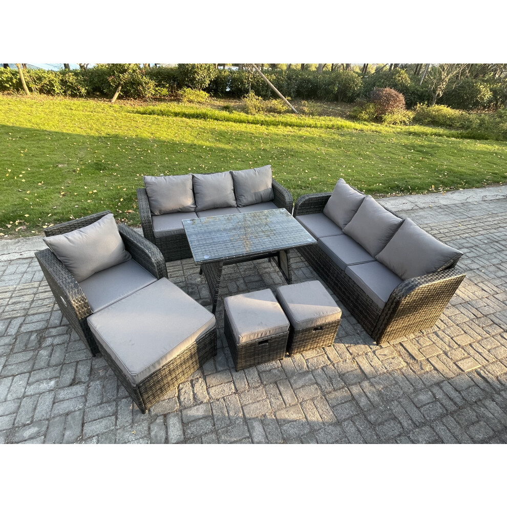 Fimous Wicker 7 Pieces Rattan Garden Furniture Sofa Set With Rectangular Dining Table Armchair 3 Footstools Dark Mixed Grey
