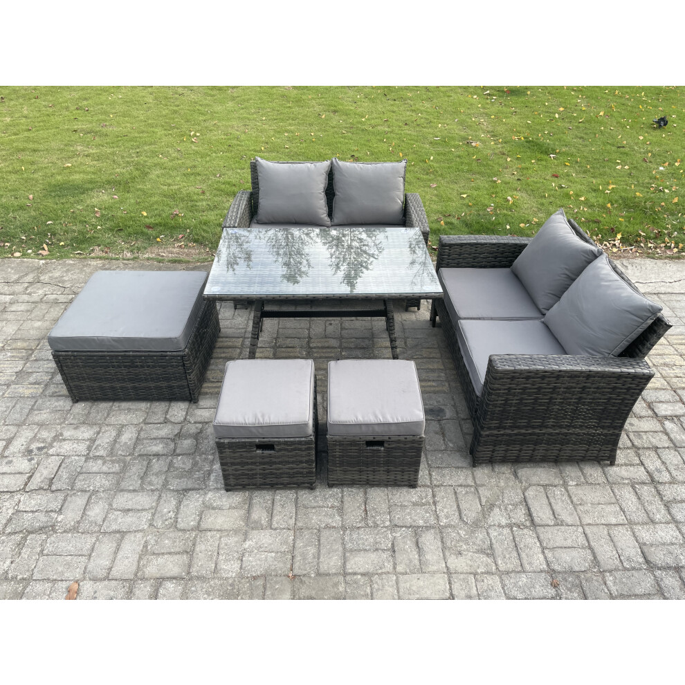 Fimous Dark/Grey 7 Seater Garden Dining Set Wicker Pe Rattan Outdoor Furniture Sofa With Rectangular Dining Table Double Seat Sofa 3 Footstools Mixed - Image 2