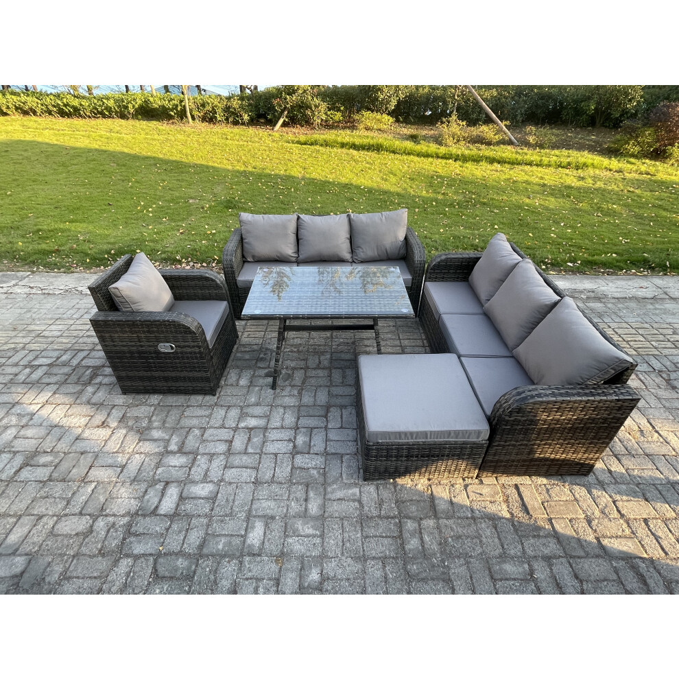 Fimous Outdoor Lounge Sofa Set Wicker Pe Rattan Garden Furniture Set With Rectangular Dining Table Reclining Chair Big Footstool