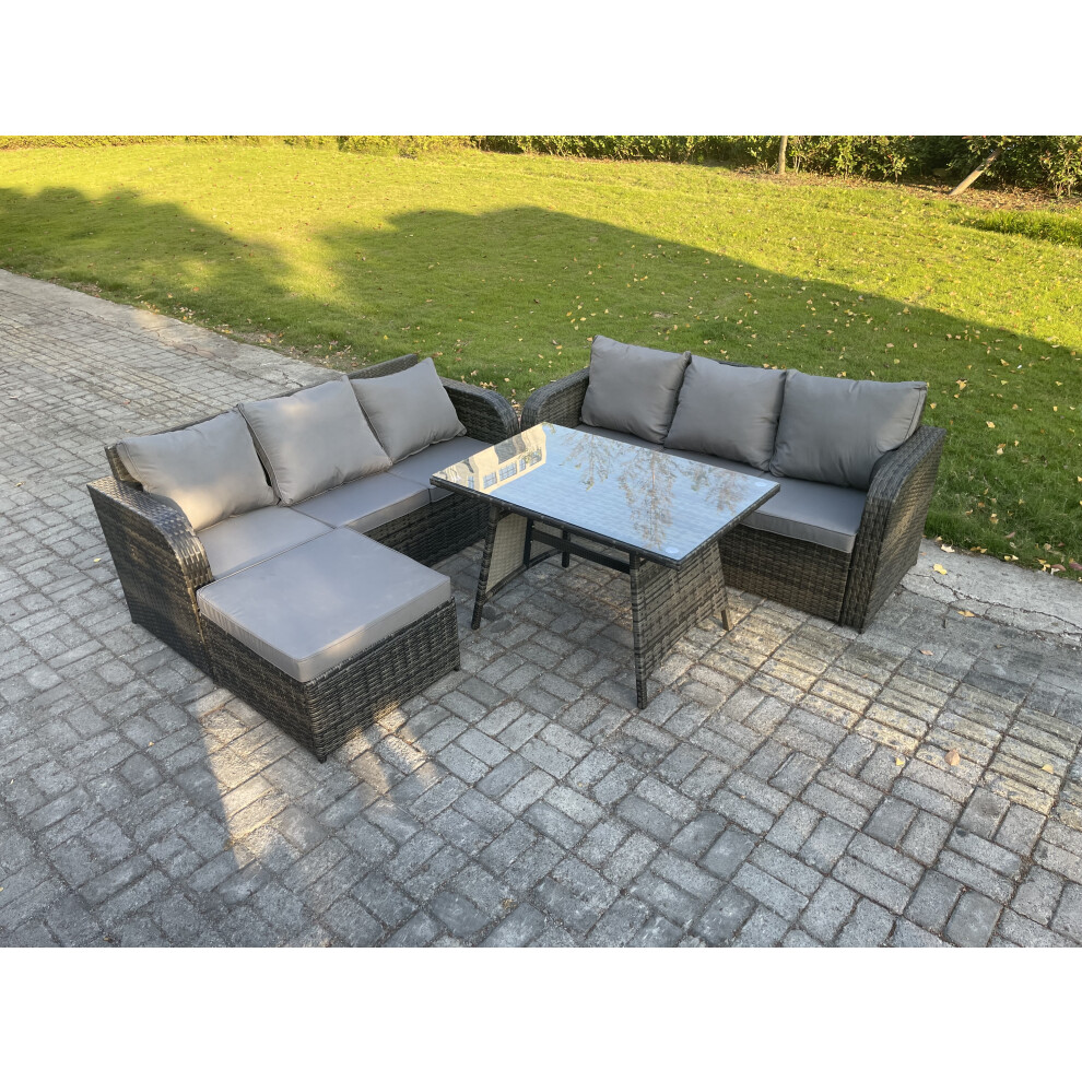 Fimous 7 Seater Garden Furniture Sofa Set Rectangular Dining Table Big Footstool Indoor Outdoor Rattan Set