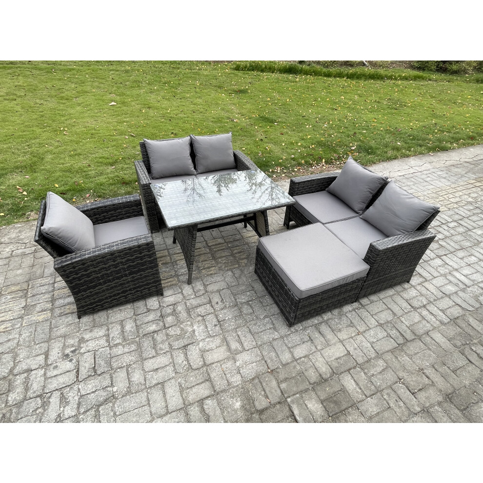 Fimous Dark/Grey 6 Seater Wicker Pe Rattan Garden Dining Set Outdoor Furniture Sofa With Rectangular Dining Table Double Seat Sofa Big Footstool Mixed - Image 2