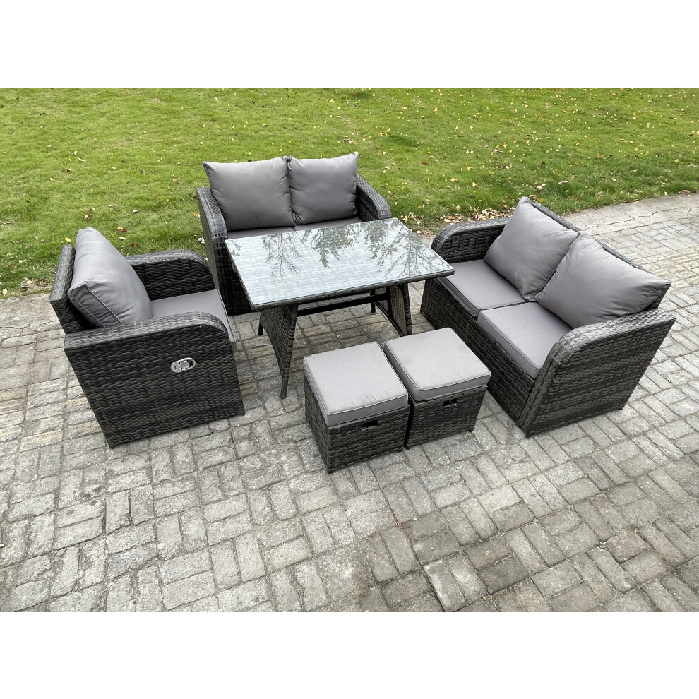 Fimous 6 Pieces Outdoor Garden Dining Sets Rattan Furniture With Love Sofa 2 Small Footstools Dark Grey Mixed