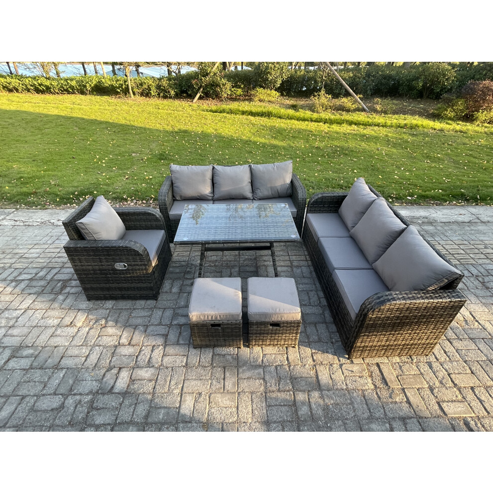 Fimous Outdoor Lounge Sofa Set Wicker Pe Rattan Garden Furniture Set With Rectangular Dining Table Reclining Chair 2 Small Footstools