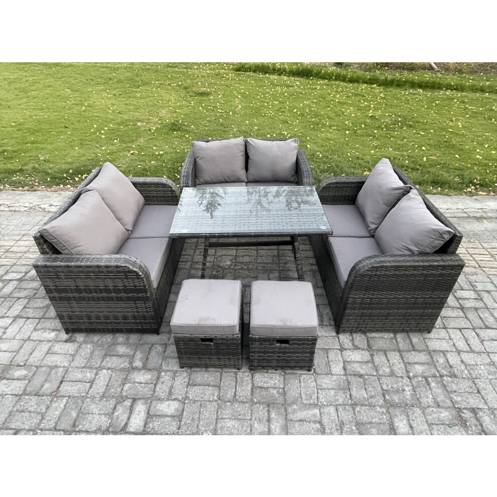 Rackhams Dark/Grey Outdoor Rattan Garden Furniture Set 8 Seater Patio Love Sofa Set With Rectangular Dining Table 2 Small Footstool Mixed - Image 3