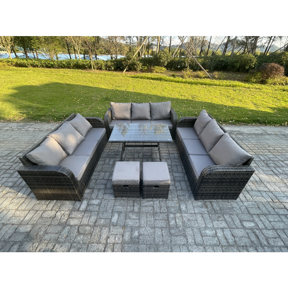 11 Seater Wicker Rattan Garden Furniture Set with Rectangular Dining Table 2 Small Footstools Patio Outdoor Lounge Sofa Set