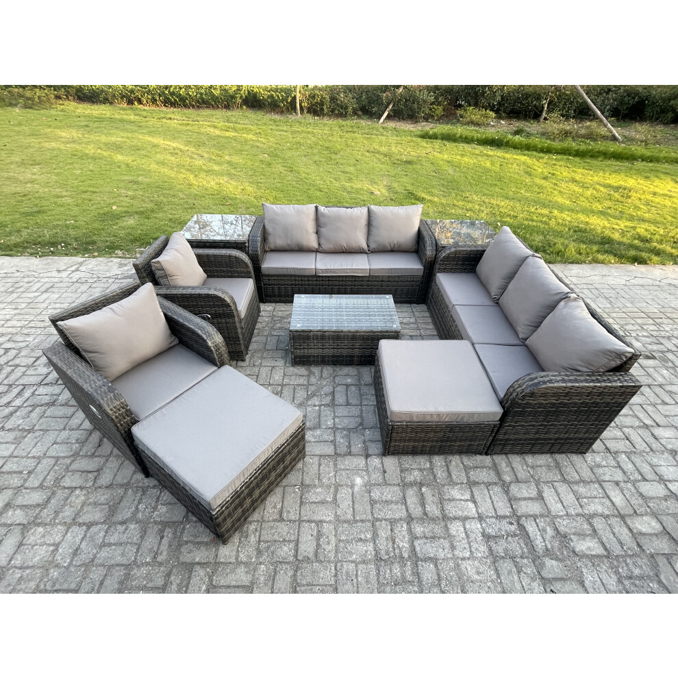 Fimous 10 Seater Rattan Outdoor Garden Furniture Sofa Set Patio Table & Chairs Set With 3 Seater Sofa Reclining Chair 2 Side Tables
