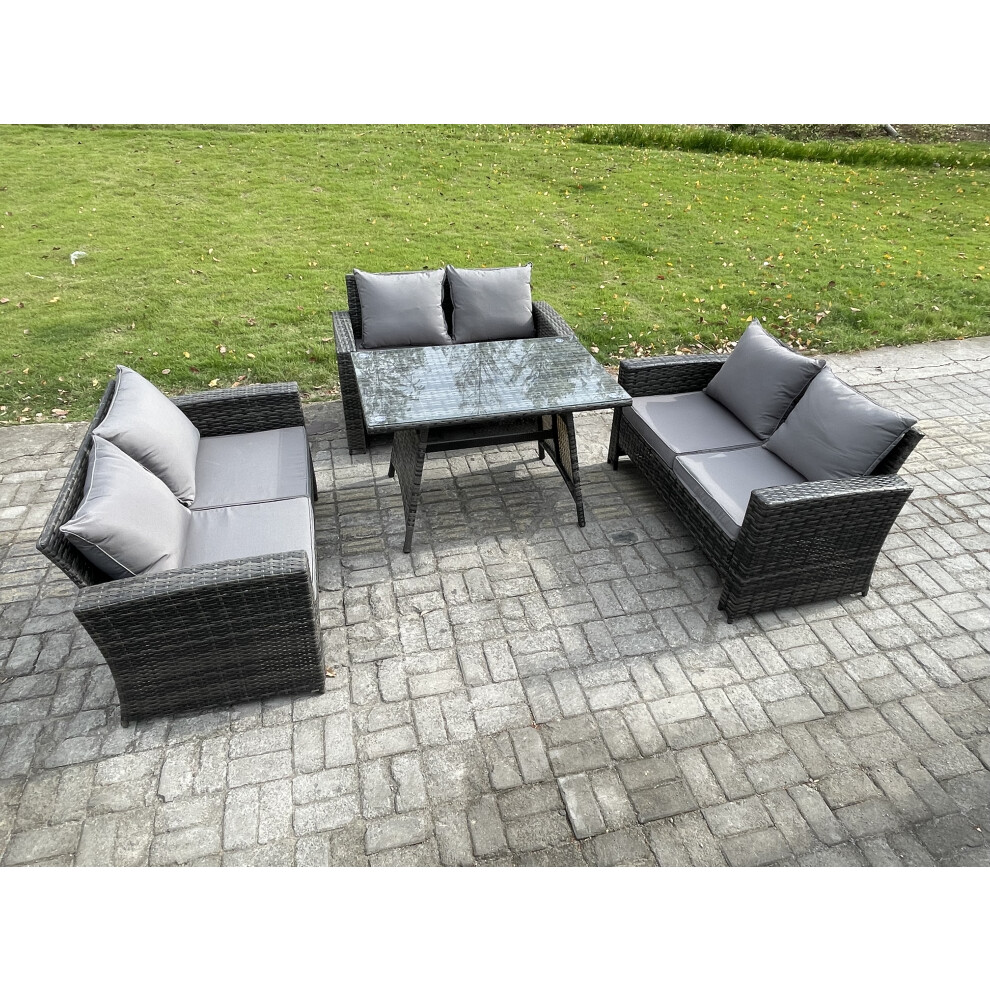 Fimous 6 Seater Rattan Wicker Garden Furniture Patio Conservatory Sofa Set With Rectangular Dining Table Love Seat Sofa