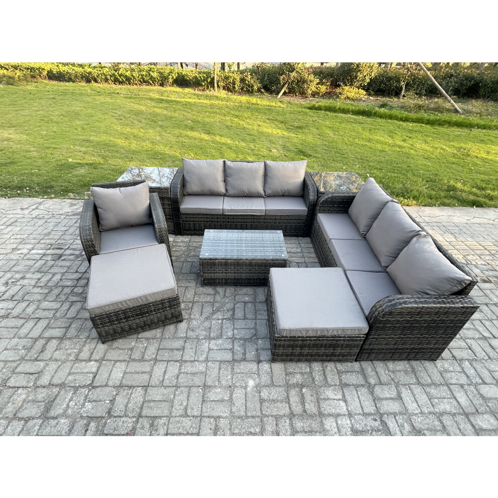 Fimous 9 Seater Rattan Lounge Sofa Set Outdoor Garden Furniture Set With Rectangular Coffee Table 3 Seater Sofa