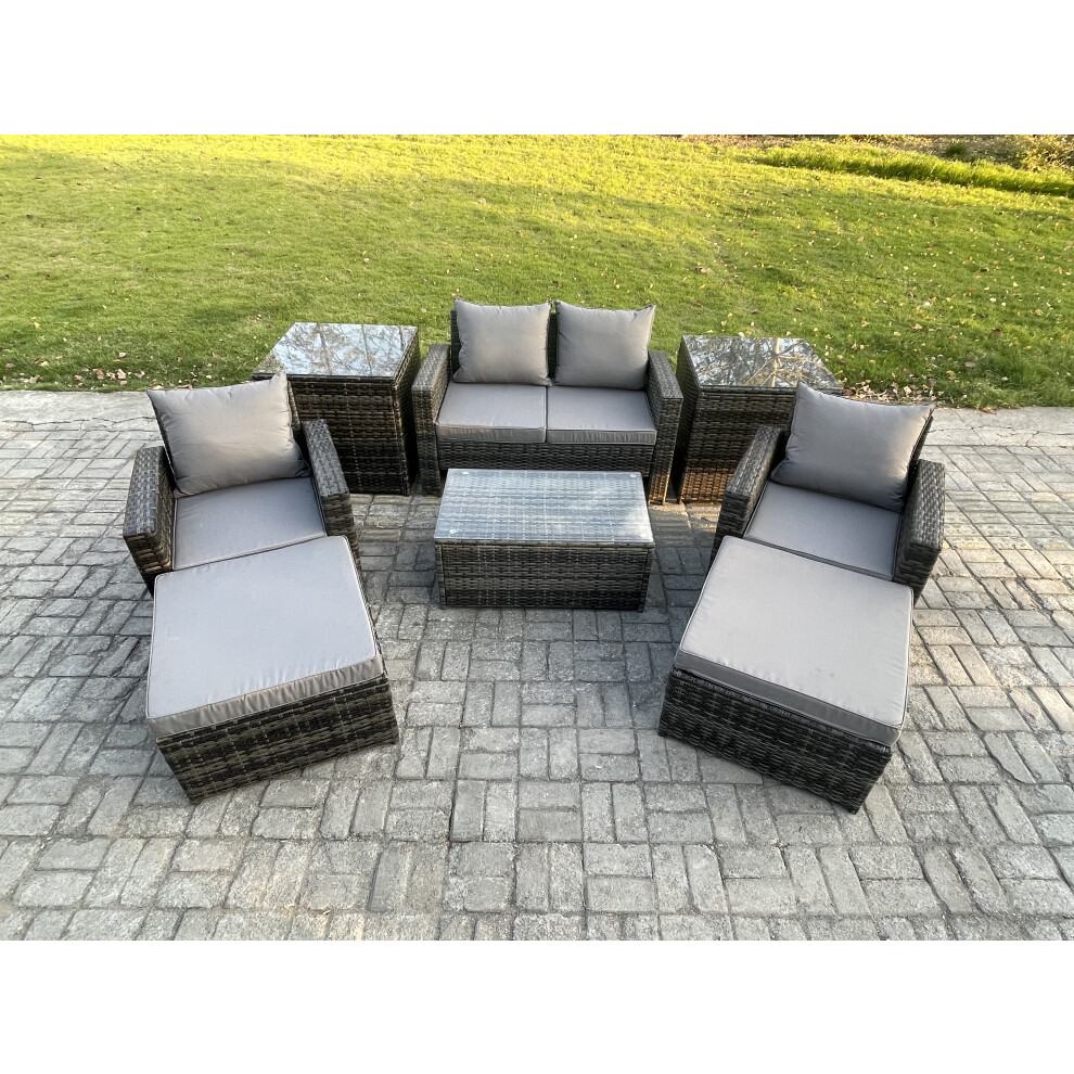 Fimous Unisex Dark Grey Seater Outdoor Rattan Garden Furniture Set Patio Lounge Sofa Rectangular Coffee Table With 2 Side Tables Size 6 - Image 2