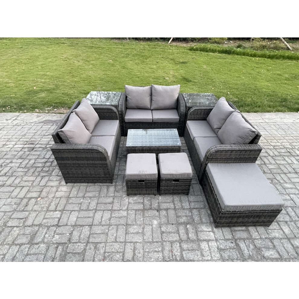 Rackhams Dark/Grey Wicker Pe Rattan Garden Furniture Set Outdoor Lounge Sofa Set With Love Sofa Coffee Table 2 Side Tables 3 Footstools Mixed - Image 2