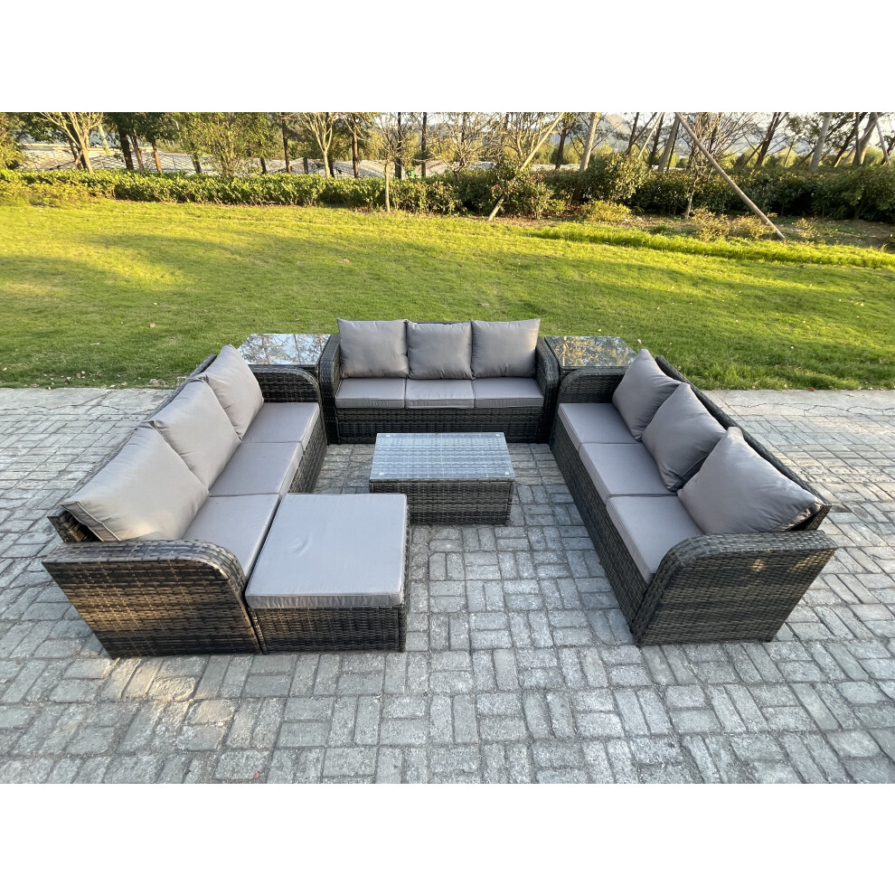 Fimous Rattan Lounge Sofa Set 10 Seater Outdoor Garden Furniture Set With Rectangular Coffee Table Dark Grey Mixed