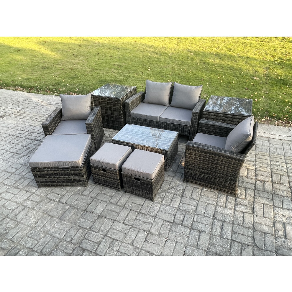 Rackhams Dark/Grey 7 Seater Outdoor Rattan Garden Furniture Set Patio Lounge Sofa Rectangular Coffee Table With 2 Side Table 3 Footstools - Image 2