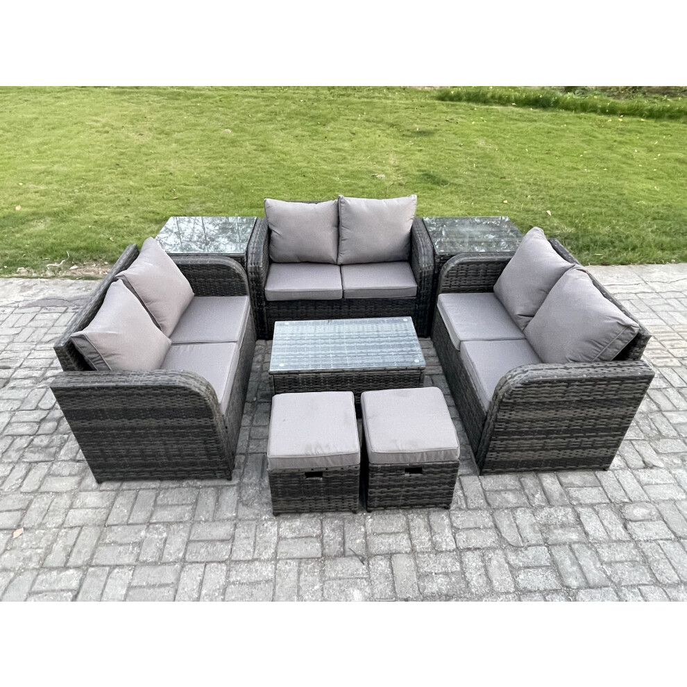 Rackhams Dark/Grey 8 Seater Mixed Rattan Outdoor Lounge Set - Loveseat, Coffee Table & 2 Side Tables & 2 Small Footstools - Image 2