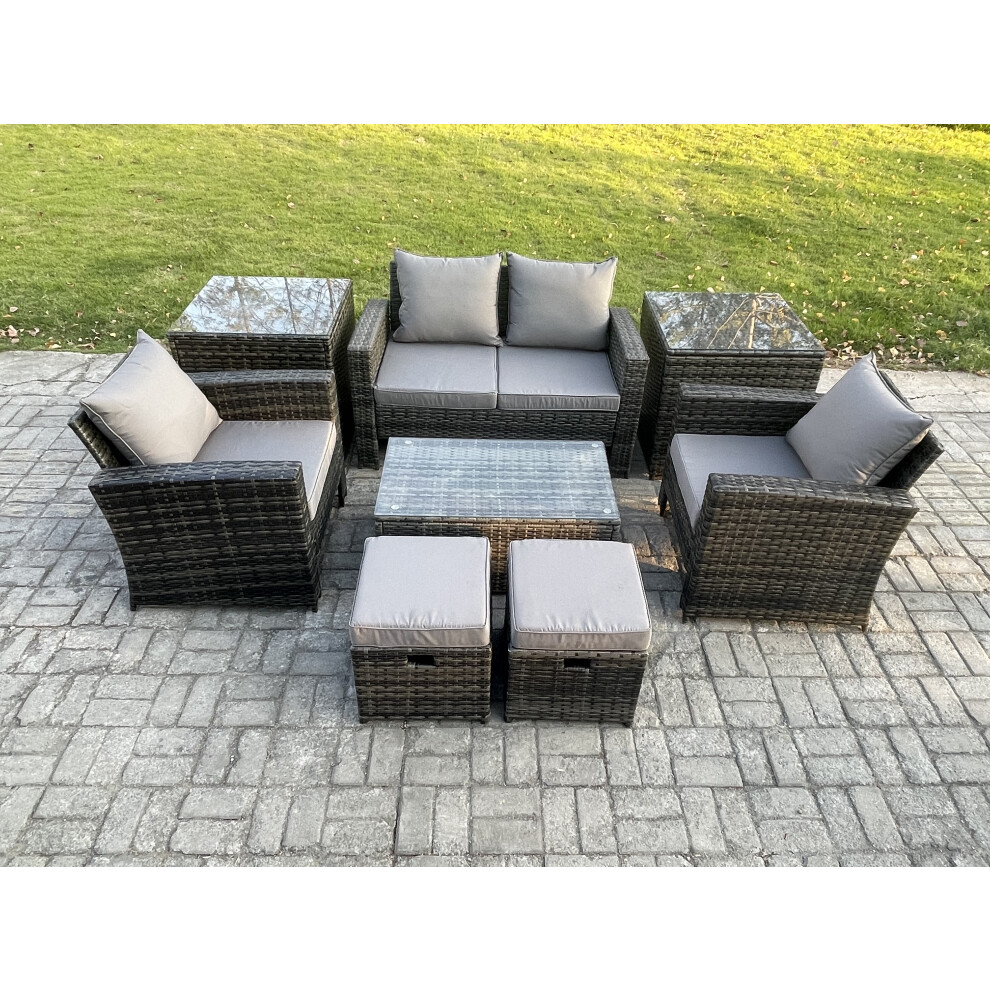 B&Q - 6 Seater Dark Grey Outdoor Rattan Garden Furniture Set Patio Lounge Sofa Rectangular Coffee Table With 2 Side Table - Image 2