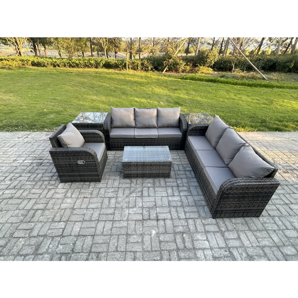 Fimous 7 Seater Rattan Outdoor Garden Furniture Sofa Set Patio Table & Chairs Set With Reclining Chair Dark Mixed Grey