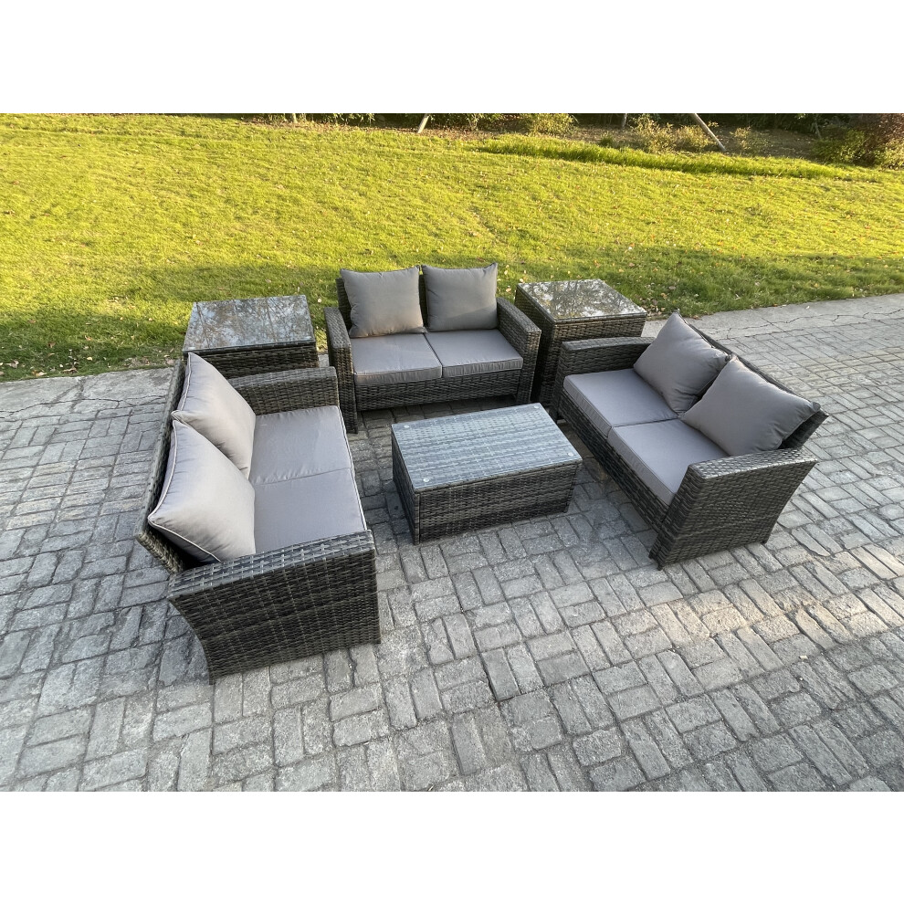 Fimous Unisex Dark Grey Seater Outdoor Rattan Garden Furniture Set Patio Love Sofa Rectangular Coffee Table Set With 2 Side Tables Size 6 - Image 2