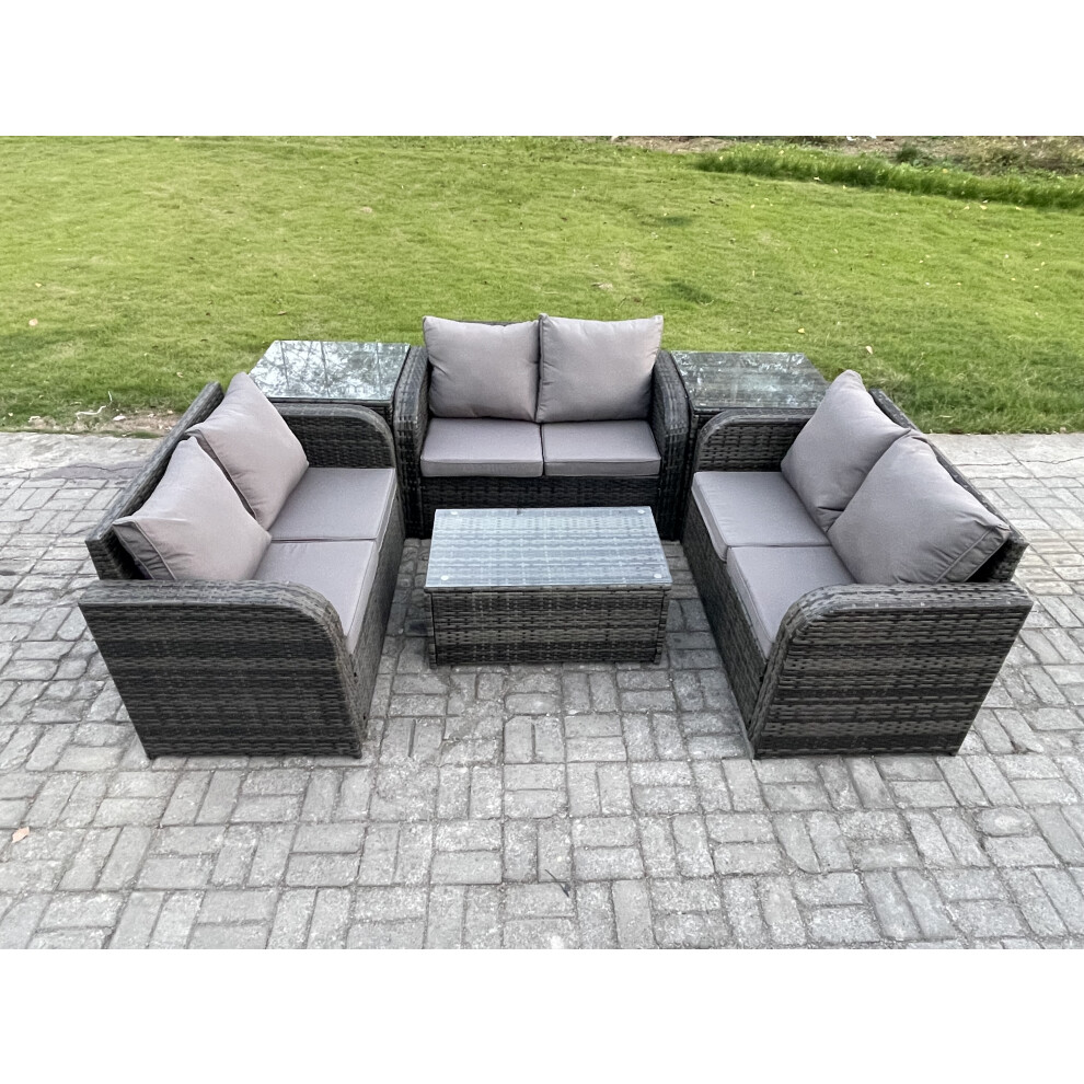 Rackhams Dark/Grey Outdoor Garden Furniture Sets 6 Seater Wicker Rattan Furniture Sofa Sets With Rectangular Coffee Table Love Sofa 2 Side Tables Mixed - Image 2
