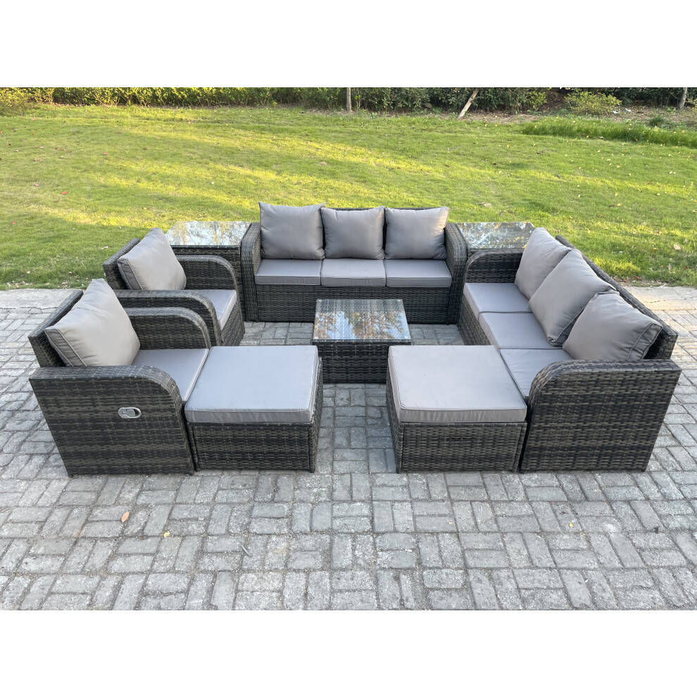 Fimous High Back Rattan Garden Furniture Set With 2 Big Footstool 2 Side Tables Indoor Outdoor Patio Lounge Sofa Set Dark Grey Mixed