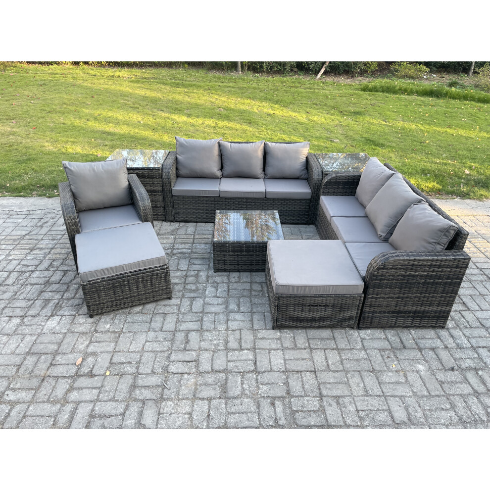 Fimous 9 Seater Outdoor Rattan Garden Furniture Set Conservatory Patio Sofa Coffee Table With Reclining Chair 2 Big Footstool Brown